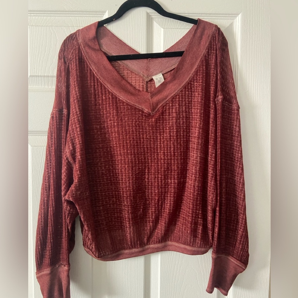 We The Free Maroon Knit V-Neck Top